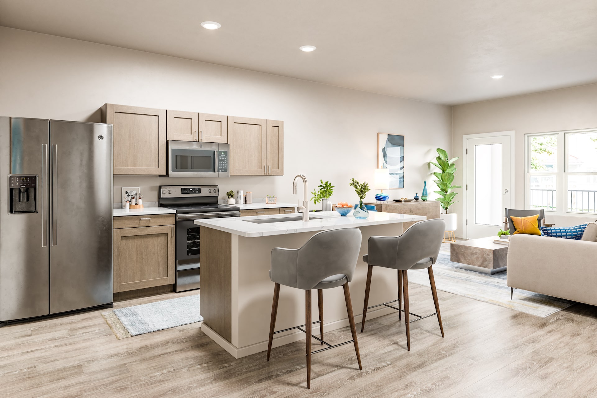 Interior photo of Unit A kitchen with island
